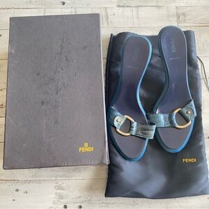 Fendi Wooden Leather Blue Heel Sandals